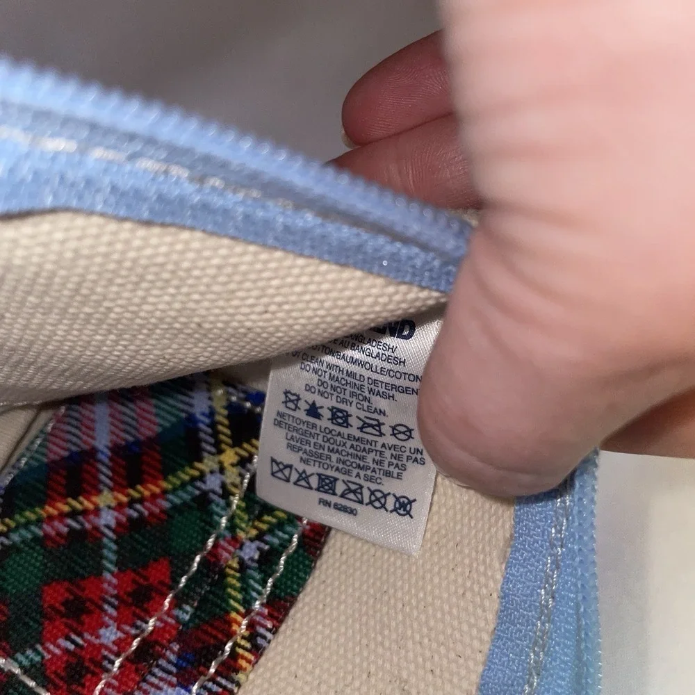 LANDS' END Plaid Cotton Canvas Wristlet Zip Pouch Purse Beige Red Blue